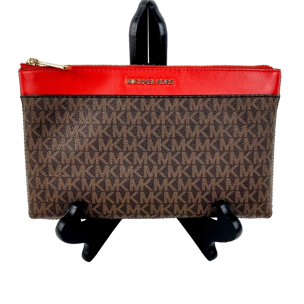 New Michael Kors Logo Clutch Pouch Brown  & Red Makeup Bag 10 x 7 Handbag